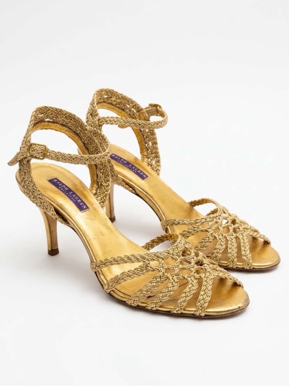 Vintage Ralph Lauren Collection Gold Braided Metallic Ankle Strap Heel Sandals